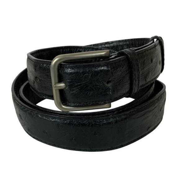 Barneys Mens Belt Black Genuine Ostrich Leather Size 36 Silvertone Buckle Italy - Picture 1 of 6